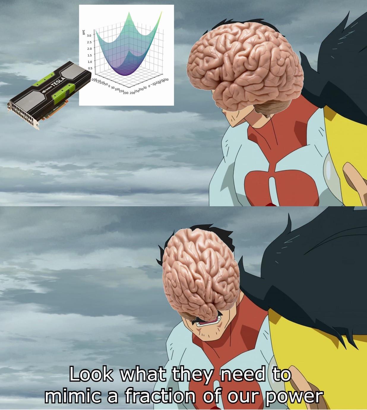 A "look what they need to mimic a fraction of our power" meme: a GPU and a 3D plot of a bumpy cost surface, next to a giant brain, with the caption underneath