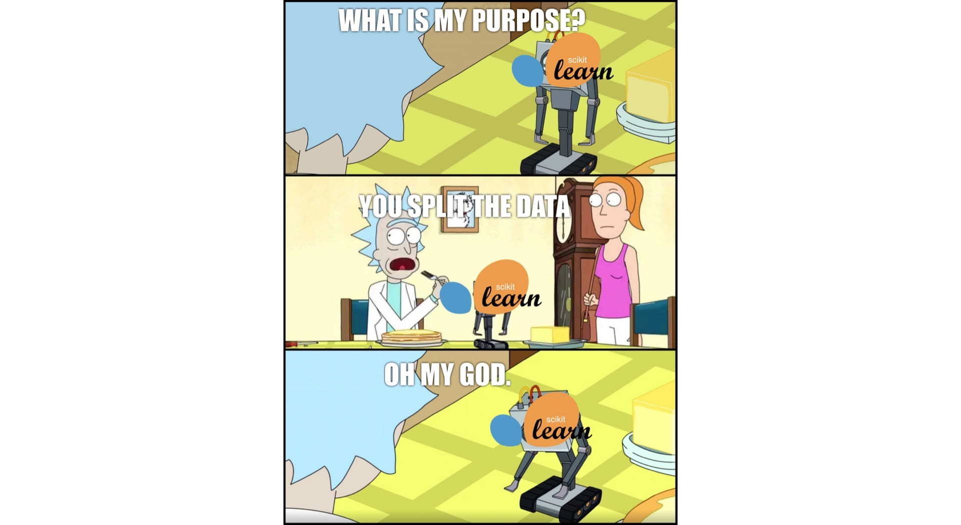 A three-panel "Rick and Morty" meme: in the first panel, a robot labeled "scikit-learn" asks "WHAT IS MY PURPOSE?" In the second, Rick answers "YOU SPLIT THE DATA." In the third, the robot says "OH MY GOD."